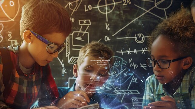 Image of mathematical equations over diverse schoolchildren writing Global education and digital interface concept digitally generated image : Generative AI