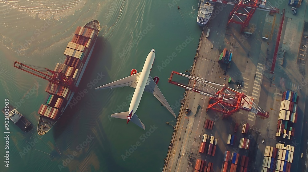 Poster aerial view and top view cargo plane flying above ship port in the export and import business and sm