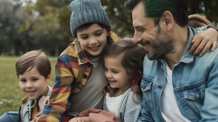 Happy  cheerful caucasian white family including father mother son and daughter relaxing together at the public park in morning Cheerful family with children going out for picnic at th : Generative AI
