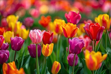 Obraz premium A field of colorful tulips with a bright and cheerful mood. The flowers are of various colors, including pink, purple, yellow, and orange. The scene is vibrant and lively