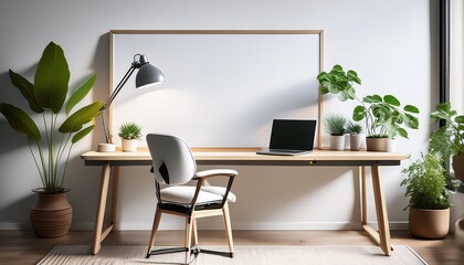 A desk with a laptop, a lamp, a whiteboard, a chair, and plants in the background.