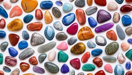 Abstract seamless pattern of various colored stones on white background.