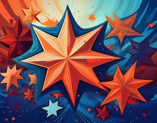 Obraz premium An abstract background of blue, orange, and red. There are several 7-point stars scattered around in various sizes.
