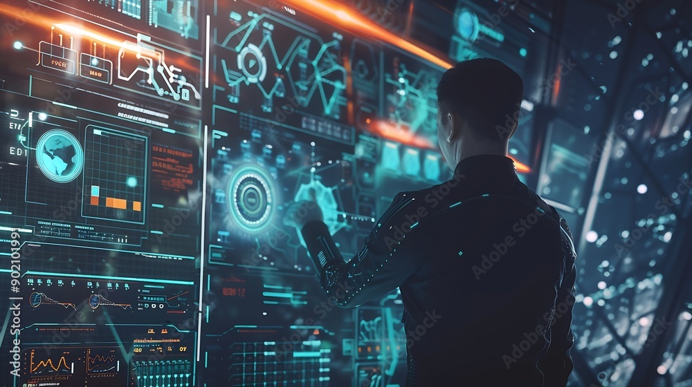 Poster Ai Businessman working with modern interface Business analytics Big data technology and data science Data flow conceptBusiness computing digital composite : Generative AI