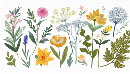 Collection of different medical herbs, wild flower or treatment plants in realistic, natural style Botanical, decorative wildflowers Flat  hand drawn illustration isolated on white background