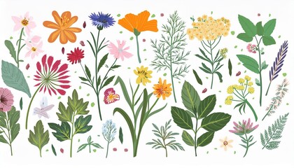 Collection of different medical herbs, wild flower or treatment plants in realistic, natural style Botanical, decorative wildflowers Flat  hand drawn illustration isolated on white background