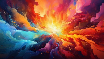 Colorful abstract painting. Ink colors blend and flow. Yellow, orange, pink, blue and purple hues. Suitable for website header or background.