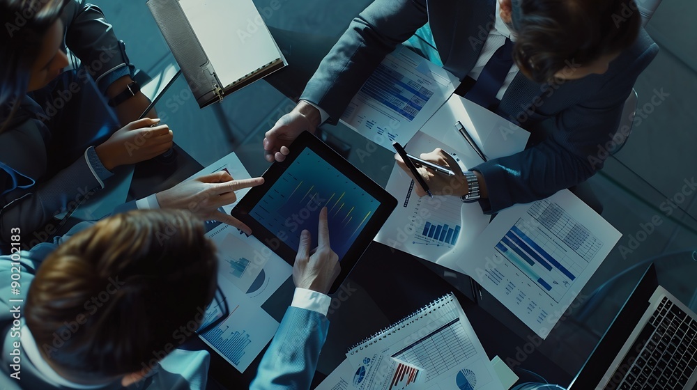 Poster Top view of smart manager looking at financial statistic on tablet at meeting room Group of diverse business people working together to analyze investment data on table with notebook D : Generative AI