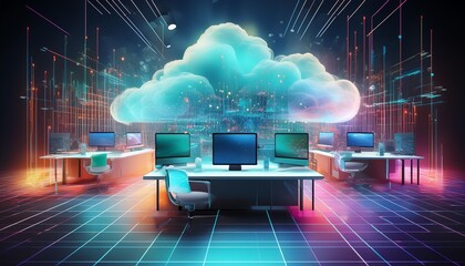 Digital workspace with virtual desktops connected to the cloud, cloud technology, mixed colors, 3D rendering