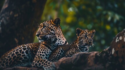 Naklejka premium This leopard mother and cub was captured by me in Yala National Park in Sri Lanka When we just entered the park and after couple of minutes we could witness this amazing sighting at ou : Generative AI