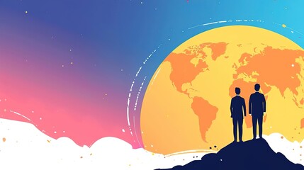 Obraz premium Silhouettes of three people standing on a mountaintop, gazing at a large world map.