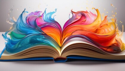 Open book displaying vibrant, abstract waves of color on a light background, representing creativity and artistic expression.