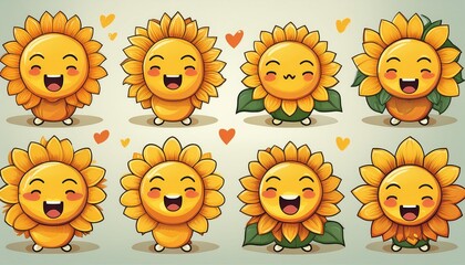 This set of illustrations features vibrant sunflower characters with an array of emotions, from joyful to sleepy, enhancing any cheerful content.