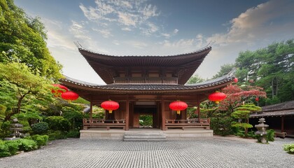 Fototapeta premium Scenic view of a traditional Asian building adorned with red lanterns, surrounded by lush trees and a peaceful atmosphere.