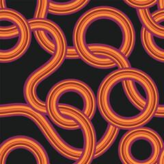 Linear traced seamless pattern. Striped circles and waves vector background. Retro groovy colorful fashion print.