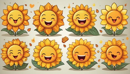 This set of illustrations features vibrant sunflower characters with an array of emotions, from joyful to sleepy, enhancing any cheerful content.