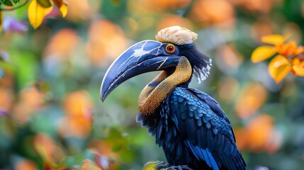 Fototapeta premium Portrait of colourful hornbill native to Indonesia Knobbed Hornbill Aceros cassidix Huge bird with gold bristled feathers on the blue neck blurred orange flowers in background Bird o : Generative AI
