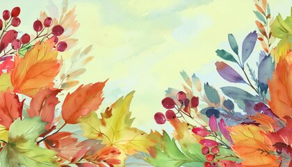 Watercolor autumn leaves and berries. Floral background.