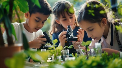 Learning students and children in classroom for microscope teacher and science for experiment of plants Container sample and observation of nature growth and development of kids with e : Generative AI