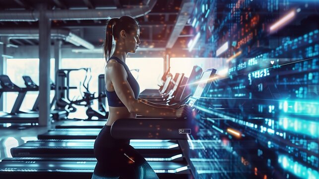 Image of data processing over caucasian woman on treadmill exercising in gym Global sports science computing digital interface and data processing concept digitally generated image : Generative AI - Powered by Adobe