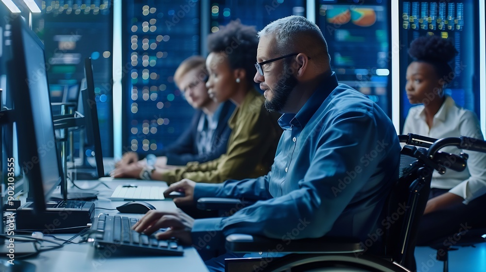 Fototapete Person with disability next to multiracial coworkers in data center coding on computer Wheelchair user and multiethnic team working together doing programming overseeing server cluster : Generative AI