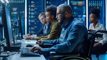Person with disability next to multiracial coworkers in data center coding on computer Wheelchair user and multiethnic team working together doing programming overseeing server cluster : Generative AI