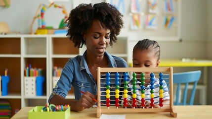 Black female teacher and little boy sitting at desk doing math using abacus early education concept : Generative AI