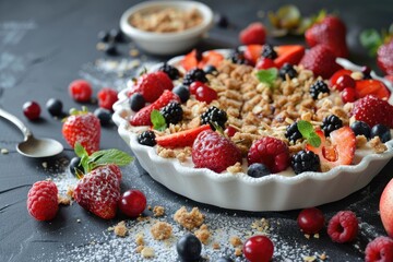 A white pie with strawberries, blueberries, and raspberries on top. The pie is surrounded by a variety of berries and other fruits
