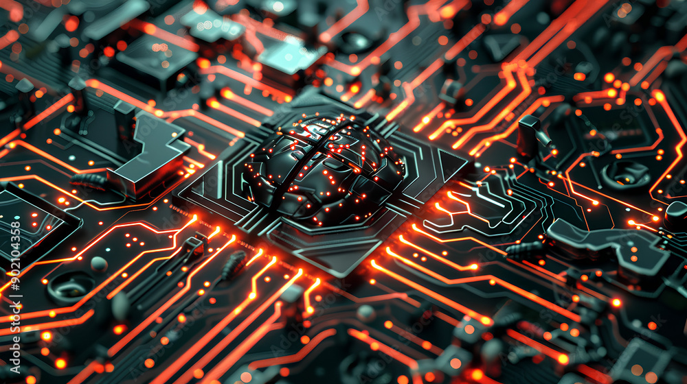 Poster neural circuit and electronic cyber brain in a quantum computing system, concept of artificial intel