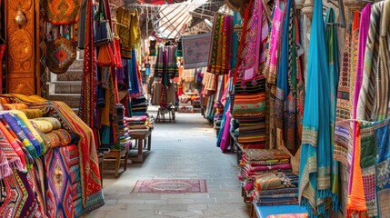 Fototapeta premium A colorful Indian bazaar filled with textiles, with copy space on the left.