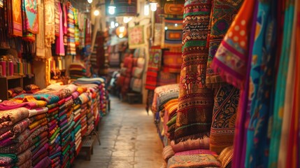 Fototapeta premium A colorful Indian bazaar filled with textiles, with copy space on the left.