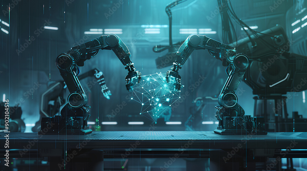 Wall mural neural network or artificial intelligence in industry 4.0. robotic arms creates neural network on po