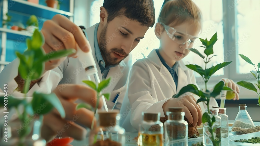 Poster smart boys and talented girls experimenting with growing crops and testing different nutrition addit