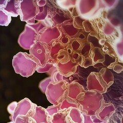 Intricate Close-Up of Abstract Cellular Structures Displaying Vibrant Colors Under Microscope in Laboratory Setting