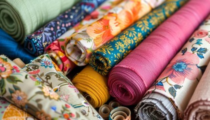Colorful assortment of fabric rolls yarns threads on table. AI generated