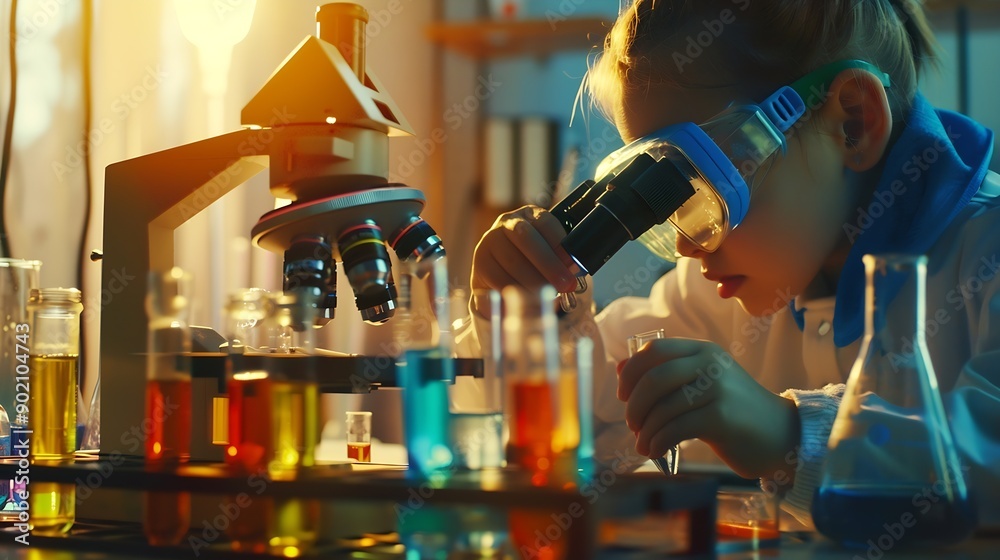 Aufkleber little scientist looking through a microscope and test tubes filled with chemicals for learning about science and experiments : Generative AI