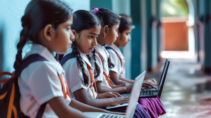 Group of rural school girls in uniform sitting in school corridor working on laptop  concept of digital education : Generative AI