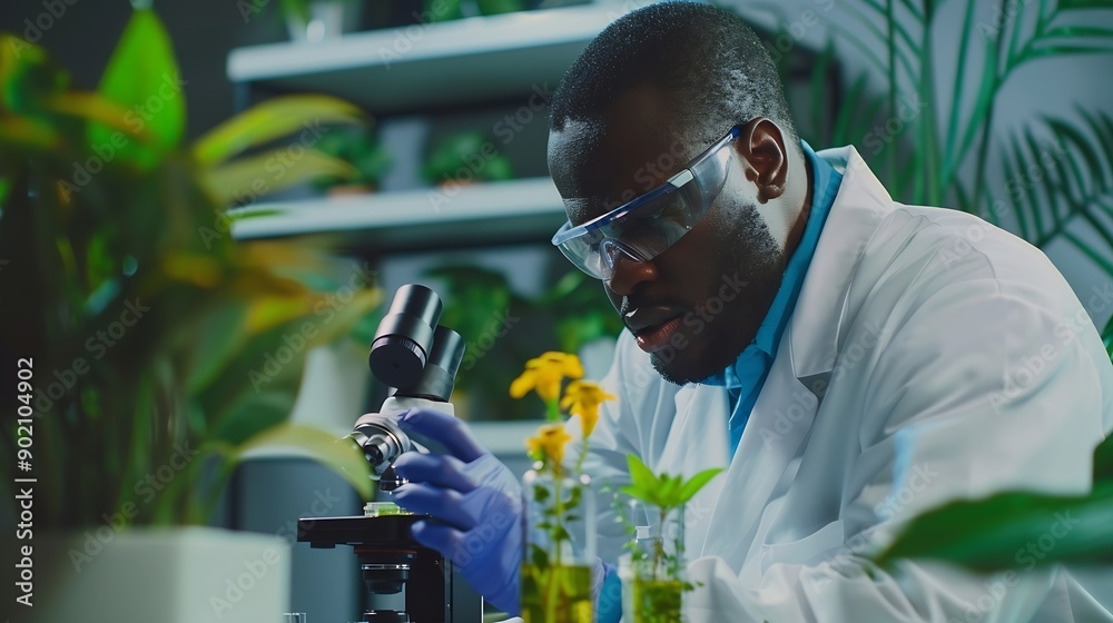 Aufkleber black man scientist and lab with test tube research microscope and focus for agriculture study with 