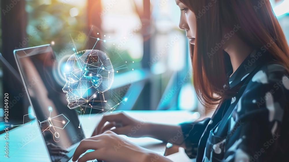 Aufkleber Education technology and AI Artificial Intelligence concept Women use laptops Learn lessons and online webinars successfully in modern digital learning  Courses to develop new skills : Generative AI