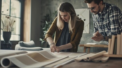 Interior designer giving advice to client selecting design elements for new interior renovation project : Generative AI