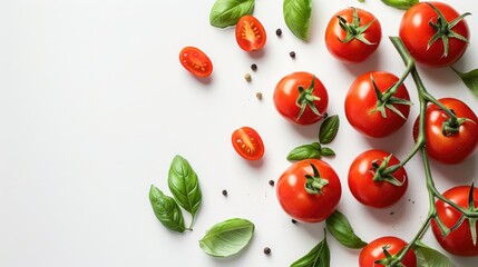 Fototapeta premium Tomatoes and basil on white background with space for text