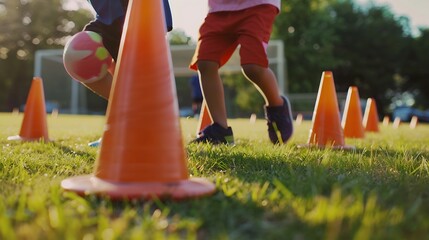 Little Boy Pick Up Training Cones on Training Game Kids Play a Game During Physical Education Class Children Playing With Sports Equipment Outdoors Soccer Ball on Grass Field in Blurre : Generative AI