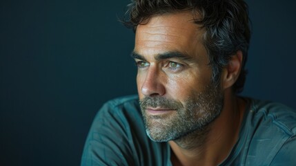 Obraz premium Attractive man with a rugged look, gazing off-camera. Ample copy space on the left side.