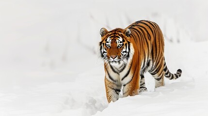 Obraz premium Careful amur tiger is walking on a white snow and looking away Siberian tiger Panthera tigris tigris Animals in wildlife : Generative AI
