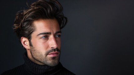 Fototapeta premium Attractive man with styled hair, looking thoughtfully to the side. Ample copy space on the left side.
