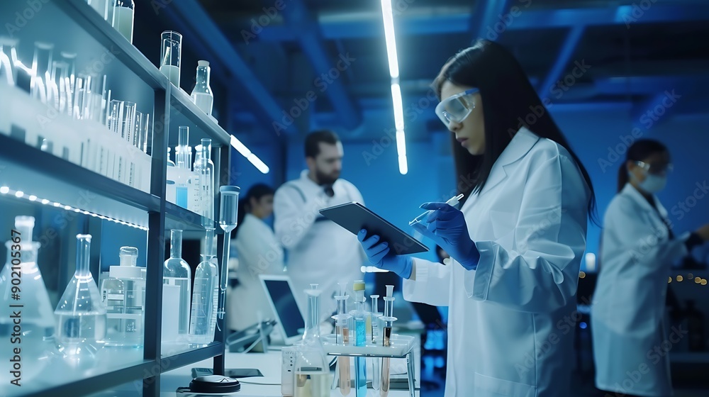 Poster science teamwork and scientist with tablet in laboratory for communication pharmaceutical review or 