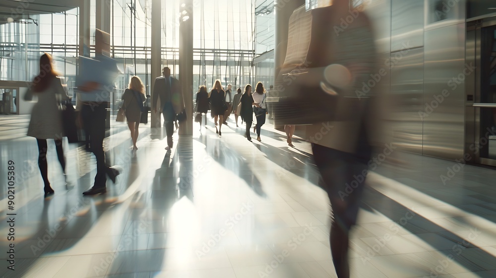 Aufkleber business people walking in the corridor of an business center pronounced motion blur crowded bright modern light office movement defocused office background busy talking and rushing in : Generative AI