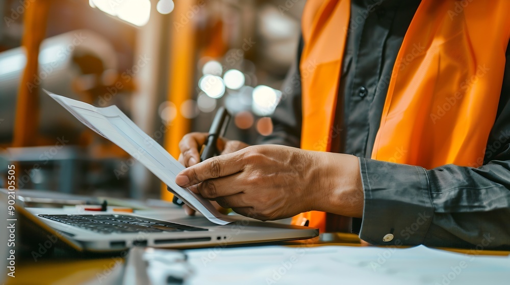 Aufkleber Exporting supervisor in charge of producing receipts for item administration tracking delivery and transportation requirements Manufacturing operator going over records for order submi : Generative AI