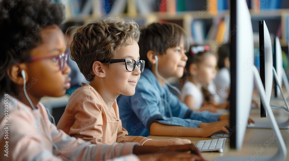 Poster elementary school children learning basic computer knowledge teacher educating smart diverse kids in