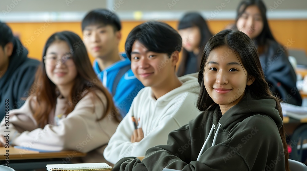 Poster university classroom diverse group of young students asian collaborate study together sharing smiles